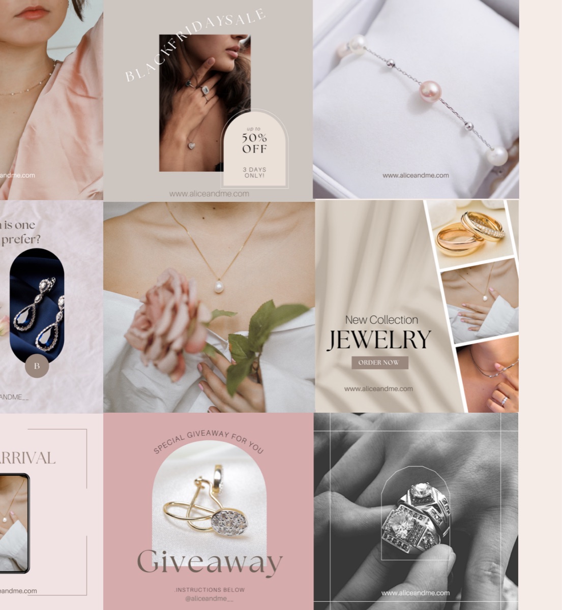 Feed design and brand look-and-feel created for the jewelry brand Alice and me