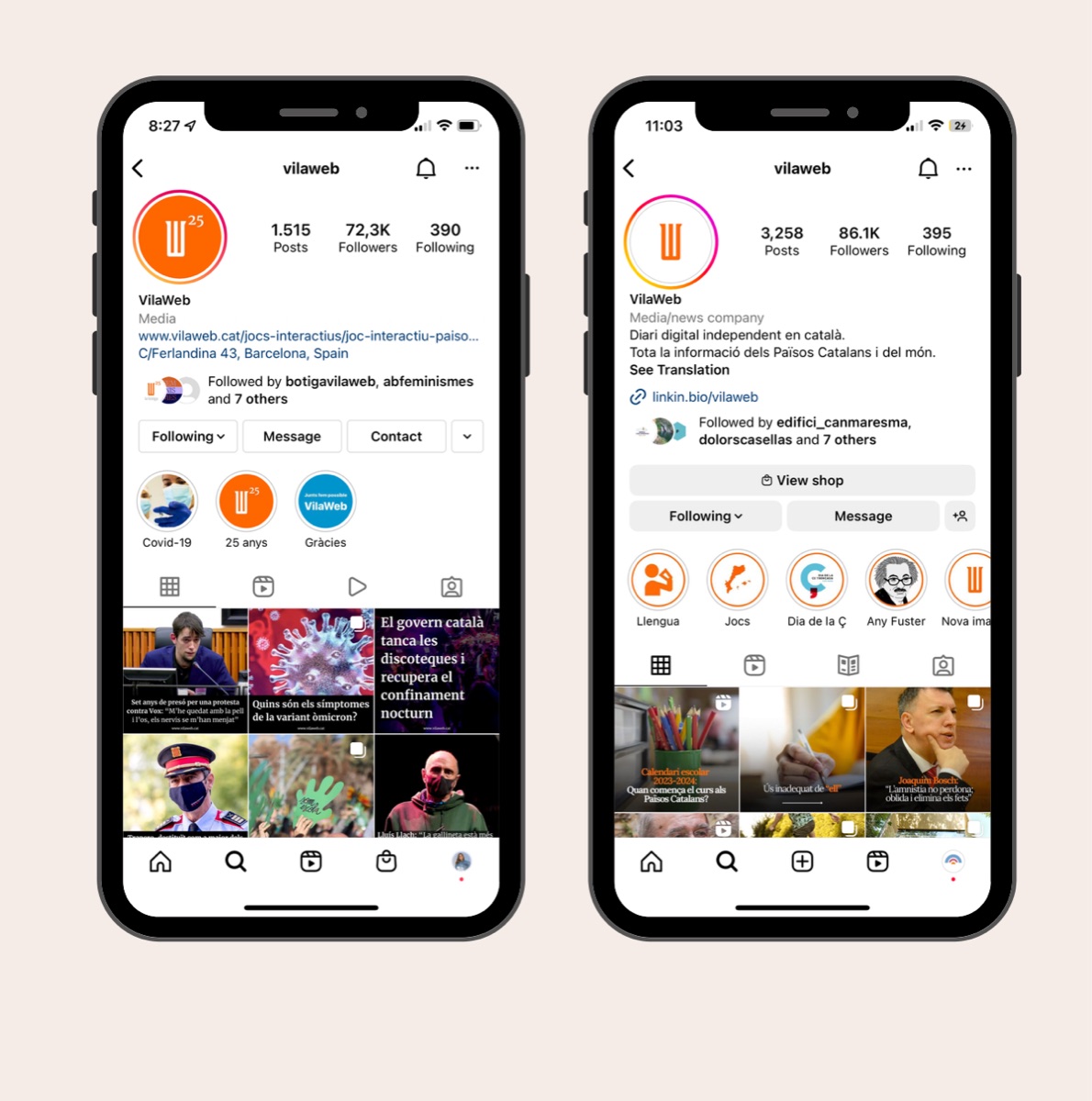 VilaWeb Instagram profile before and after: follower count grown from 72.3K to 86.1K